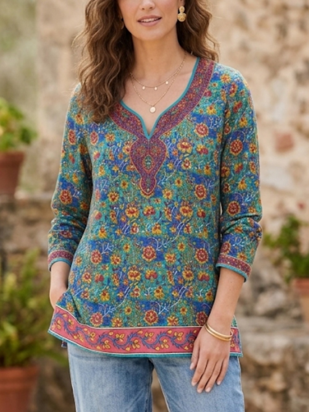 Soft Surroundings Split Neck Floral Tunic Top Size L Lightweight Resort Relaxed - Picture 11 of 11